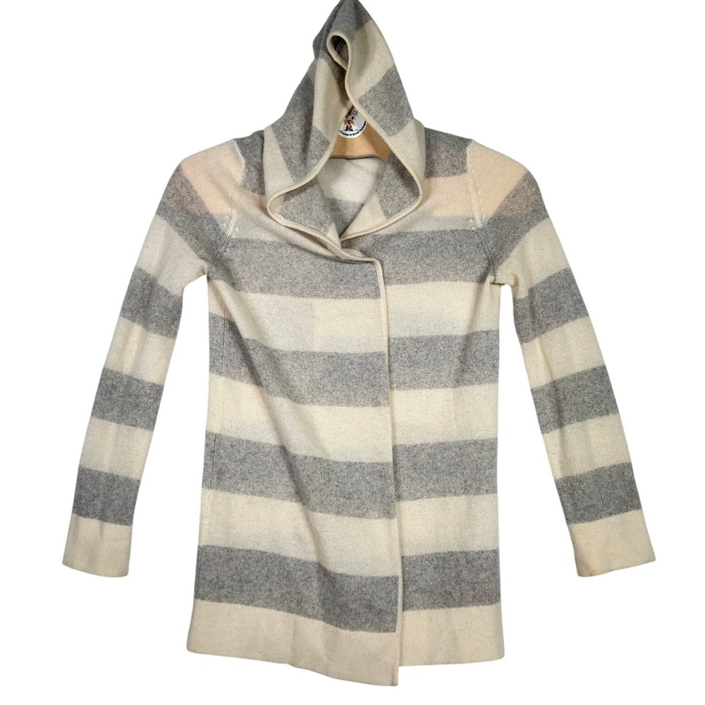 Christopher Fischer 100% Cashmere Hooded Cardigan Stripe Cream Gray M